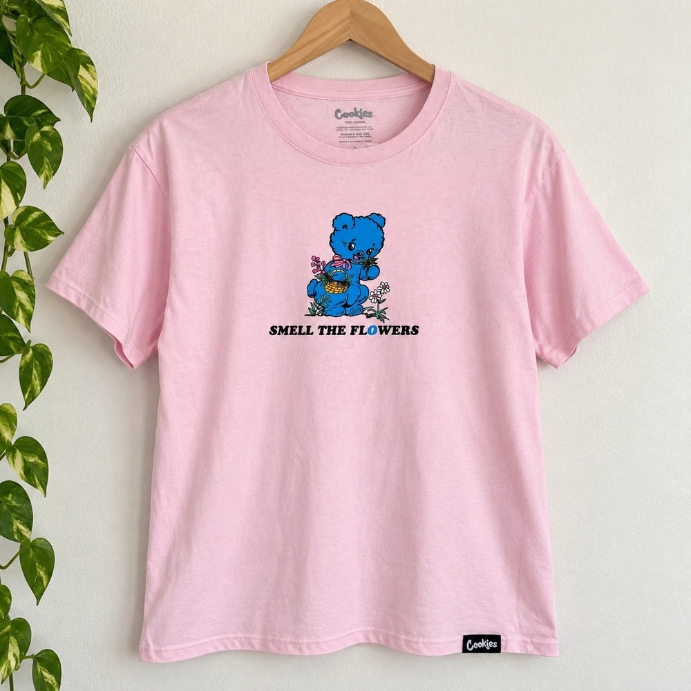 Cookies SF Smell The Flowers Pink Graphic T-Shirt Mens Large Blue Bear Tee